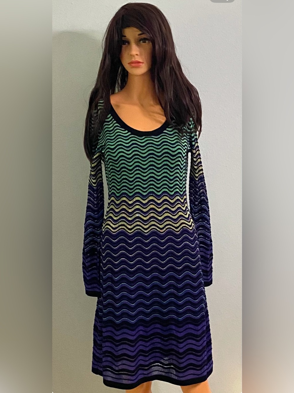 MISSONI TEAL PURPLE GOLD METALLIC GEOMETRIC WAVE LONG SLEEVE DRESS